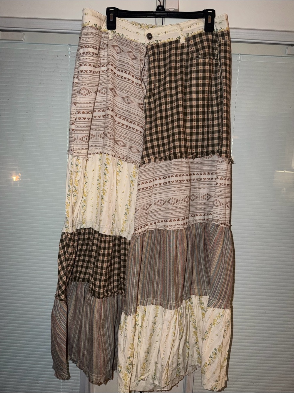 NWOT POL Patchwork Boho Pants in Cream, Brown and Olive Plaid